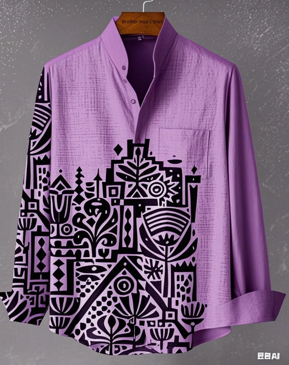 Men Linen Stand Collar Long Sleeve Shirt