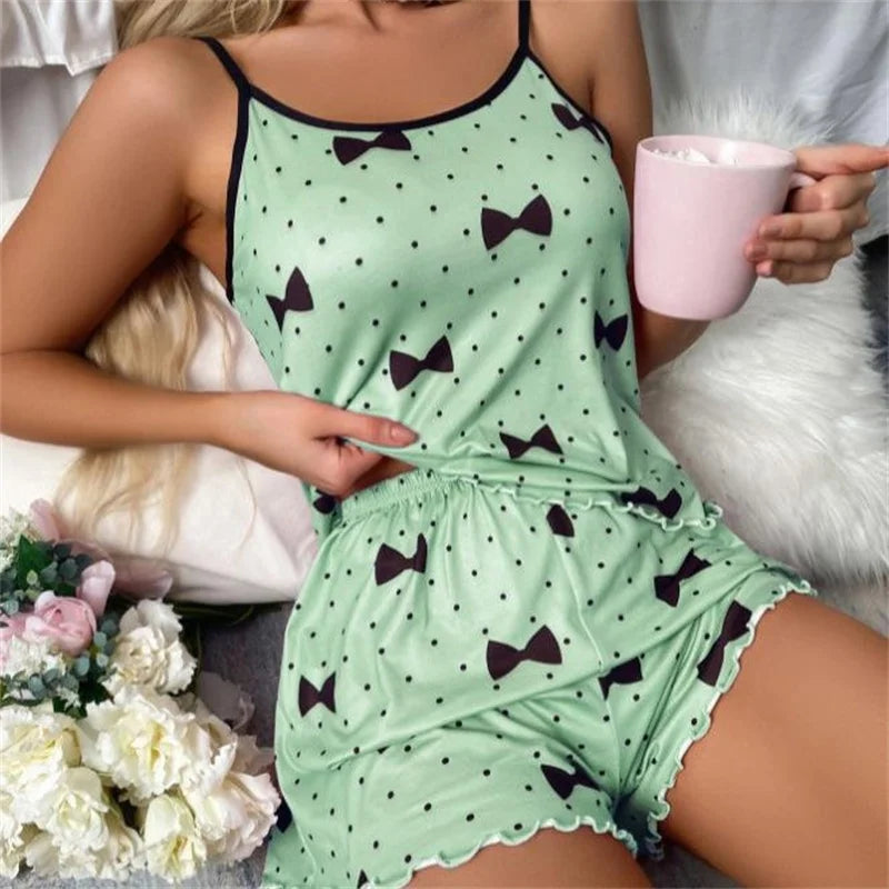 Women Heart Print Ice Silk Pajama Set