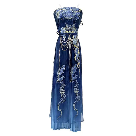Elegant blue embroidered hanfu dress with intricate designs, perfect for Halloween parties or themed events.
