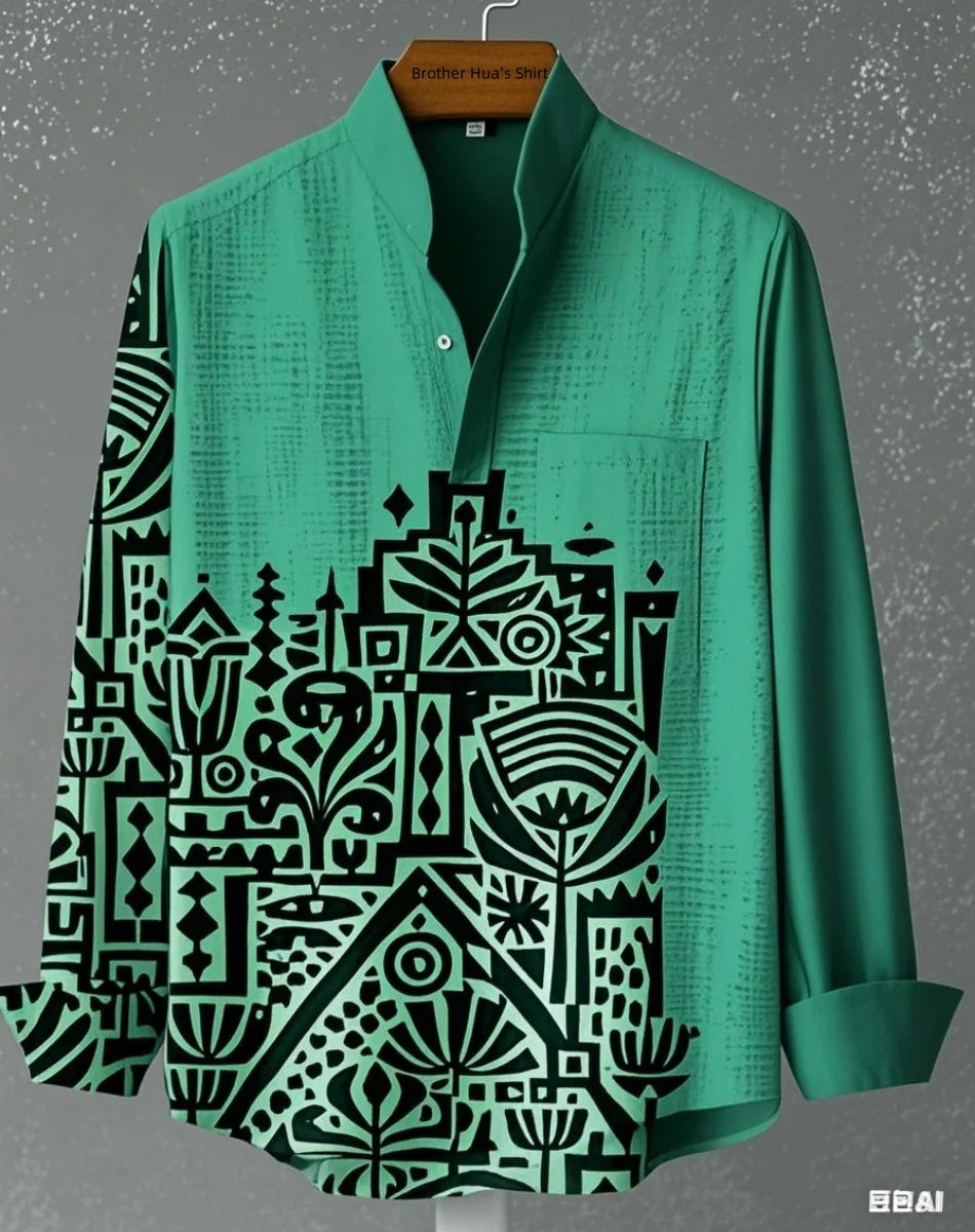 Men Linen Stand Collar Long Sleeve Shirt