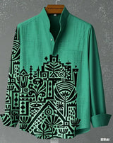 Men Linen Stand Collar Long Sleeve Shirt