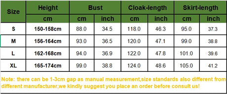 Size chart for Blue Embroidered Hanfu Halloween Party Dress showing height, bust, cloak, and skirt lengths.