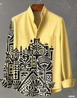 Men Linen Stand Collar Long Sleeve Shirt