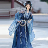 Elegant blue embroidered Hanfu dress for women, ideal for Halloween parties, featuring detailed embroidery and flowing sleeves.