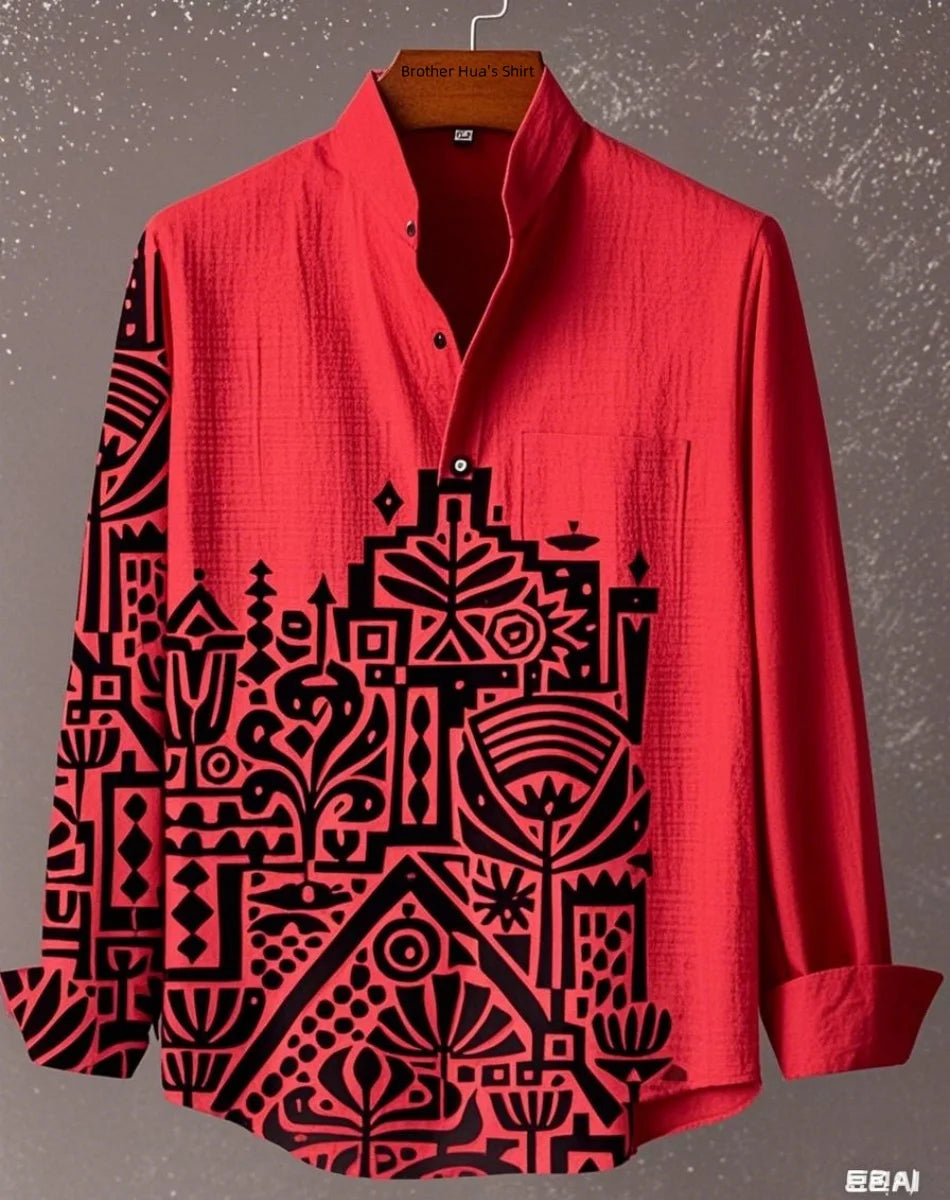 Men Linen Stand Collar Long Sleeve Shirt