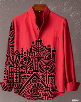 Men Linen Stand Collar Long Sleeve Shirt