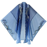 Blue embroidered Hanfu dress featuring sheer fabric and intricate floral designs, perfect for Halloween parties.