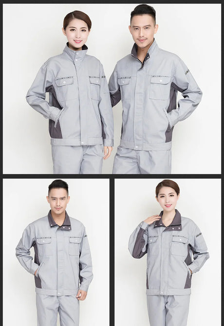 Men and women in durable gray workshop overalls for utility and safety, showcasing unisex work clothing set.