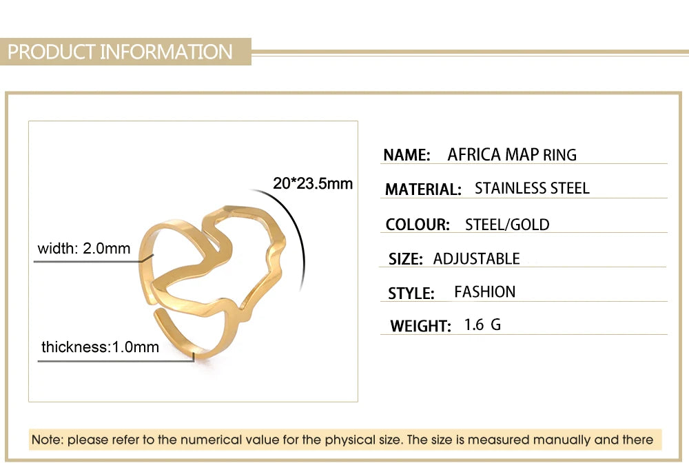 Adjustable African map gold ring, made from stainless steel, stylish women's jewelry, perfect for everyday wear.