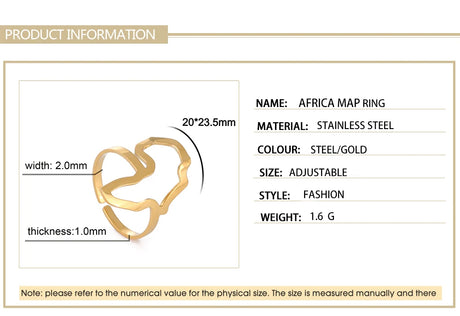 Adjustable African map gold ring, made from stainless steel, stylish women's jewelry, perfect for everyday wear.