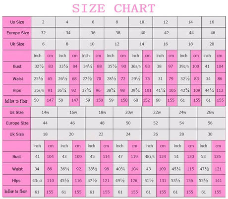 Size chart for women's dresses including US, Europe, and UK sizes with measurements for bust, waist, hips, and length.