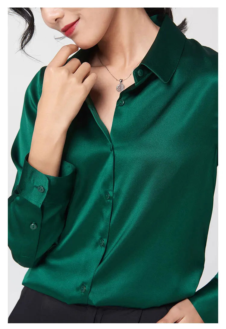 SatinGrace™ long sleeve green silk shirt featuring a V-neck and single-breasted closure, perfect for women.