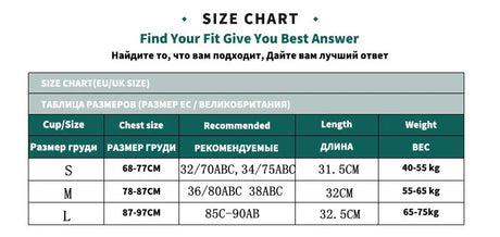 Size chart for women's camisoles showing EU/UK sizing, chest sizes, recommended sizes, lengths, and weights.