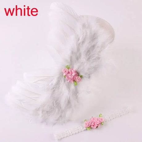 Cute white newborn angel feather wings with pink rose flower headband, perfect for baby photo shoots.