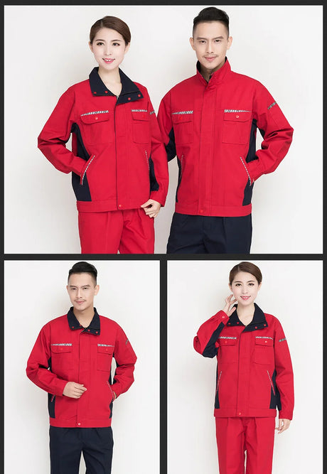 Men and women in durable red workshop overall set, ideal for work clothing, featuring windproof fabric and utility design.