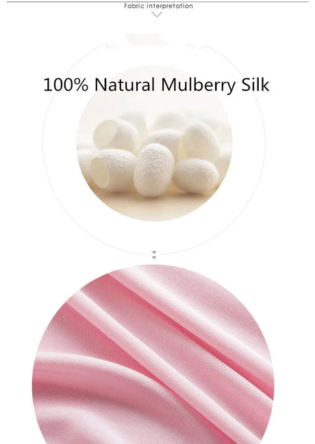 Image showcasing 100% natural mulberry silk fibers and smooth pink silk fabric for clothing.