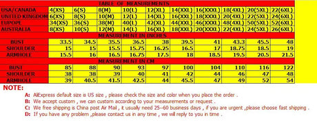 Table of measurements for bridal sizes including bust, shoulder, and armhole dimensions in inches.