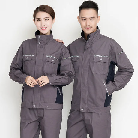 Durable men and women work clothing set in grey, showcasing utility and safety for workshop environments.