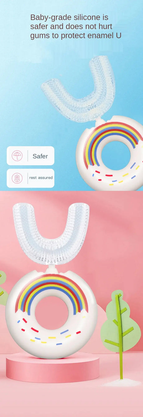 Baby soft silicone training toothbrush with rainbow design, safe for gums, perfect for infants and toddlers.