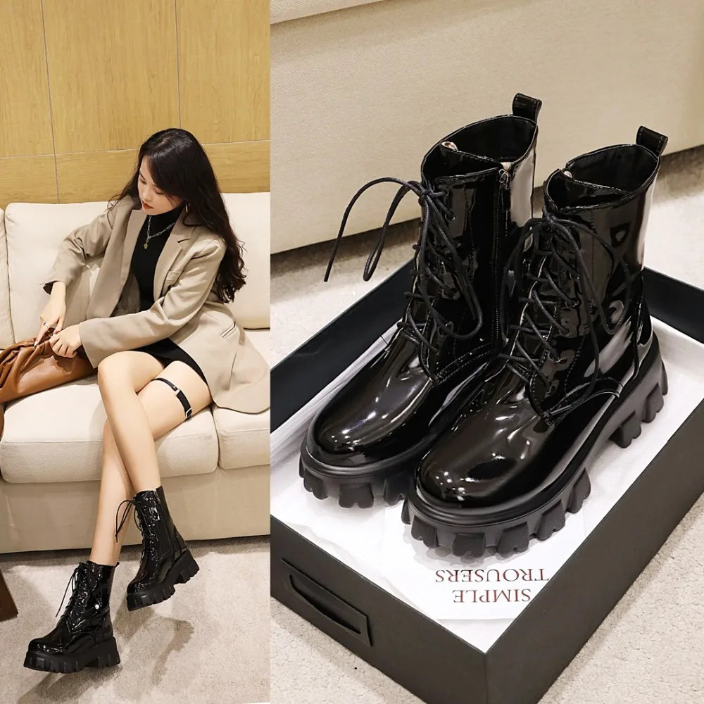 Women Patent Leather Platform Ankle Boots – High Heel Autumn Winter
