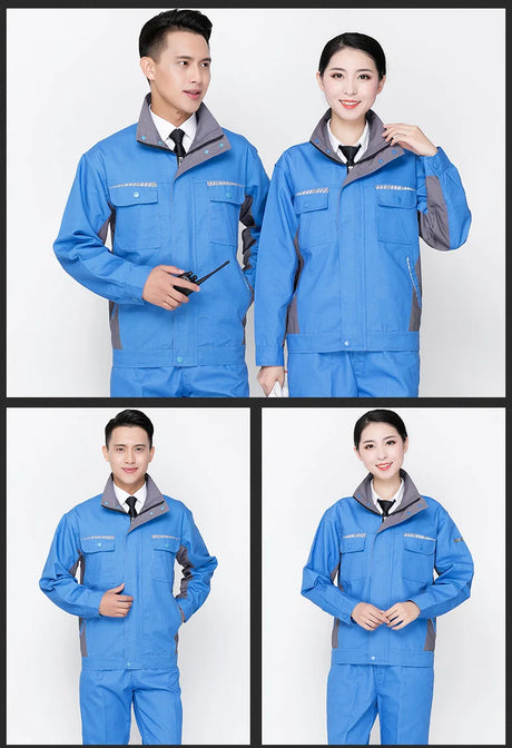 Men and women showcasing durable blue work clothing set, featuring windproof and wear-resistant design.