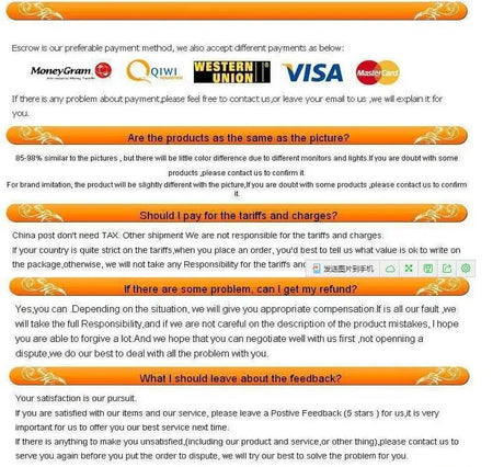 Payment and refund FAQs for online shopping, including payment methods and customer service information.