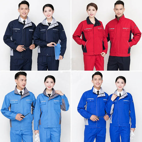 Men and women wearing durable workshop overalls in blue, red, and black, ideal for utility and safety in work environments.