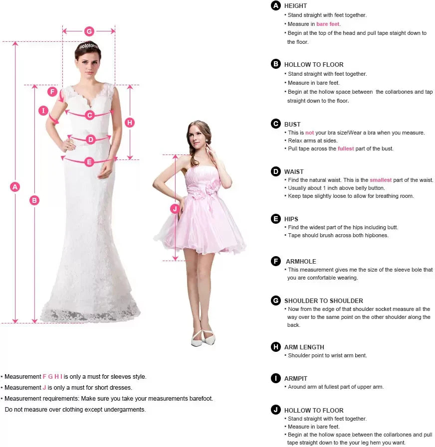 Measurement guide for wedding dress fitting, detailing height, bust, waist, hips, arm length, and more.