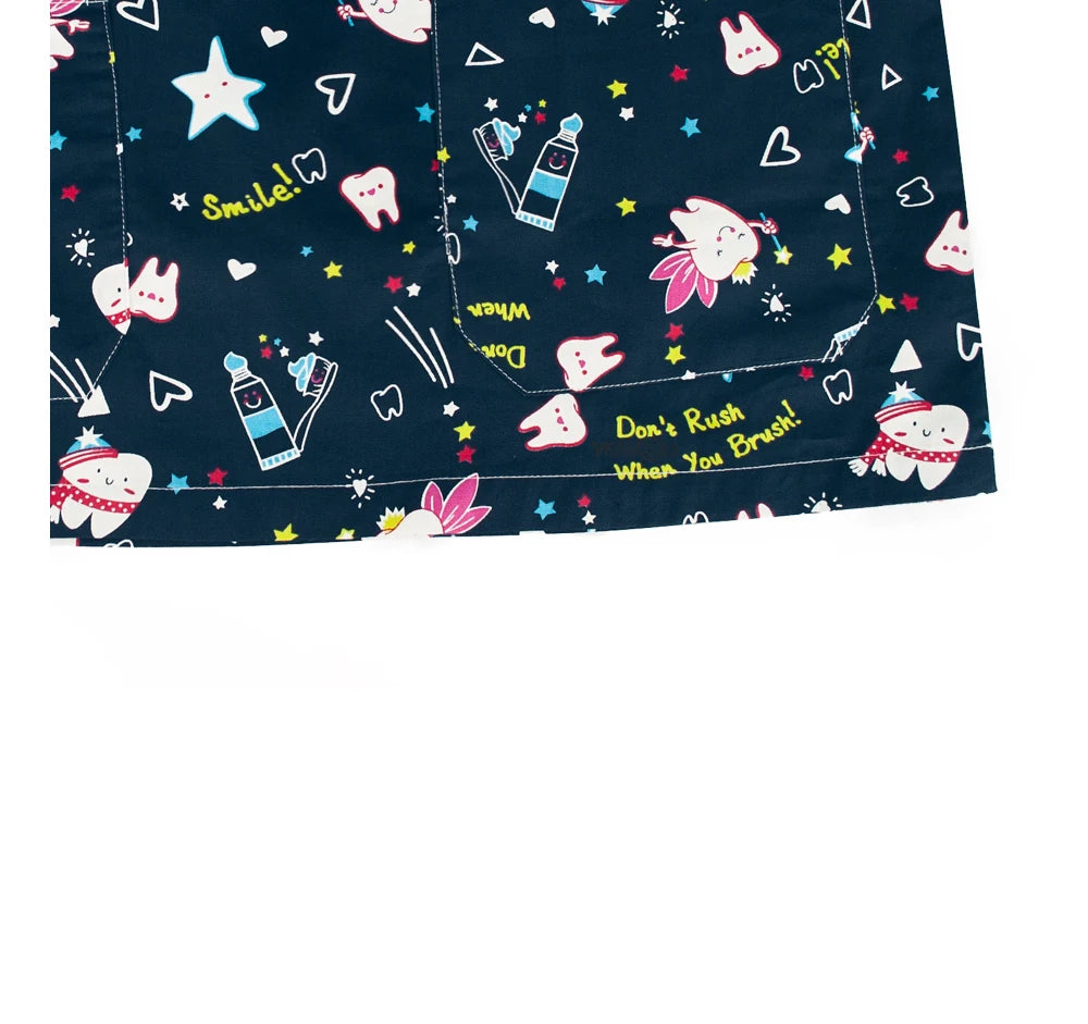 Cartoon print scrub tops featuring colorful dental-themed designs, ideal for medical use, available in multiple sizes.