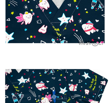 Cartoon print scrub tops featuring colorful tooth designs and stars, perfect for medical professionals, clearance sale.