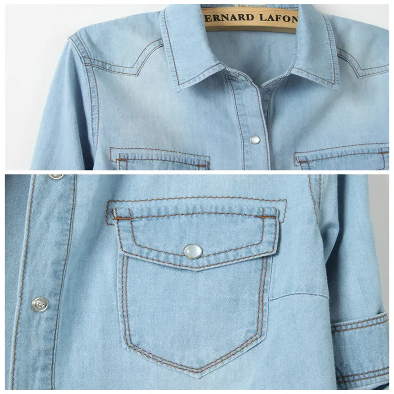 Close-up of denim kimono shirt featuring turn-down collar and chest pockets for women.