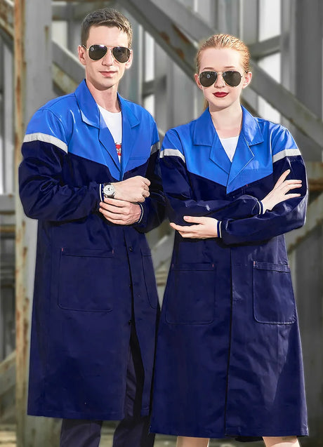 Two models wearing blue and navy workshop coveralls, showcasing durable work suits for utility and safety.