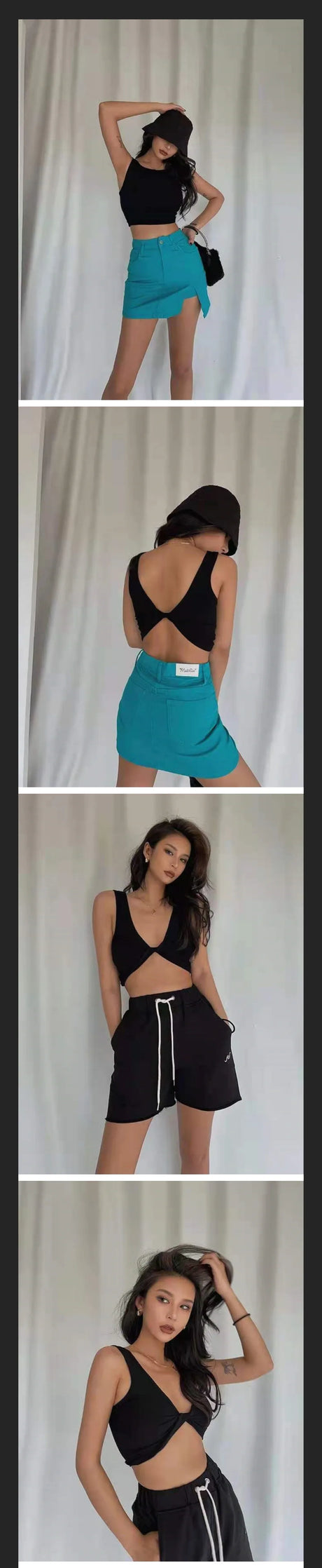 Model showcasing DeepVibe™ seamless ribbed crop top paired with stylish shorts in a minimalist photo shoot.