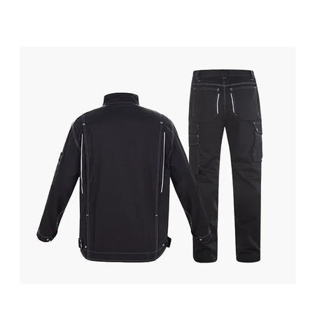 Reflective black welding suit with jacket and pants, anti-scalding durable work uniform for safety and utility.