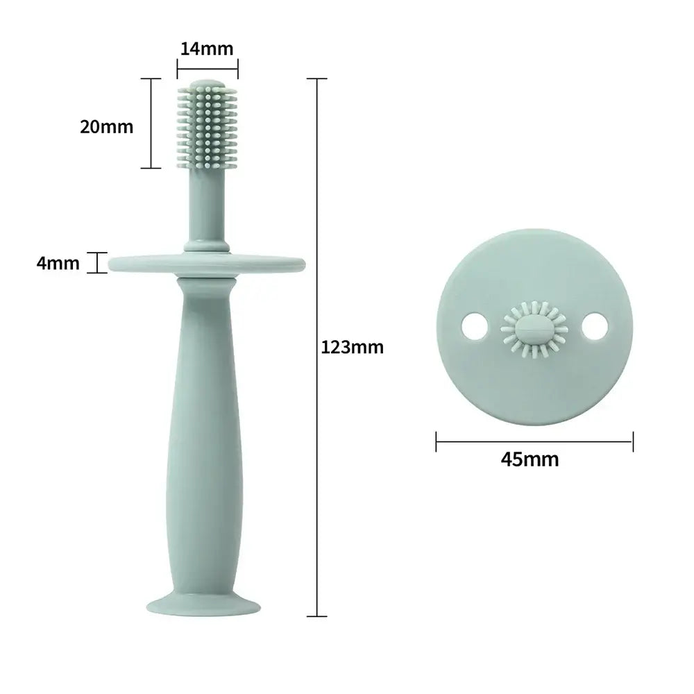 1PC Baby Soft Silicone Training Toothbrush in green, designed for infants with precise dimensions for effective teeth cleaning.