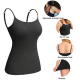 ShapeEase™ camisole featuring adjustable straps, no rim cup design, and a stretchy, soft fit in black.