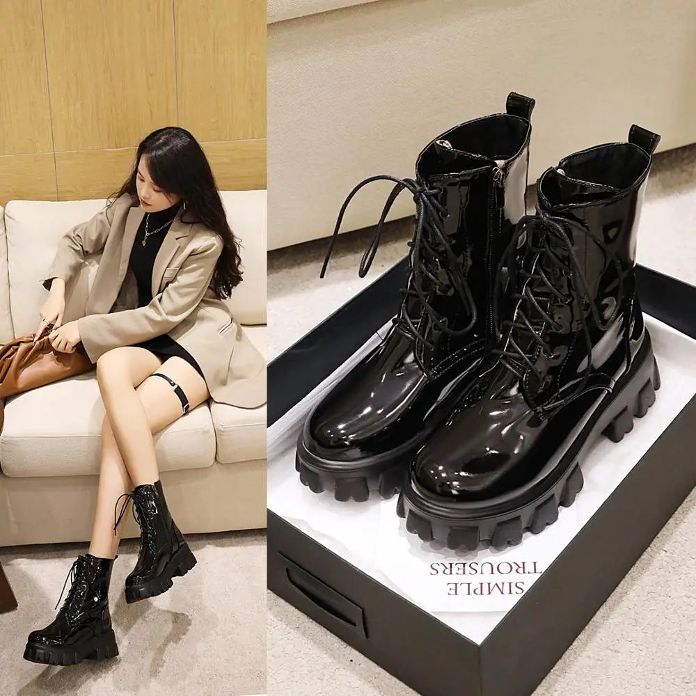 Women Patent Leather Platform Ankle Boots – High Heel Autumn Winter