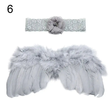 Cute newborn angel feather wings and floral headband set for baby girls, perfect for photos and special occasions.