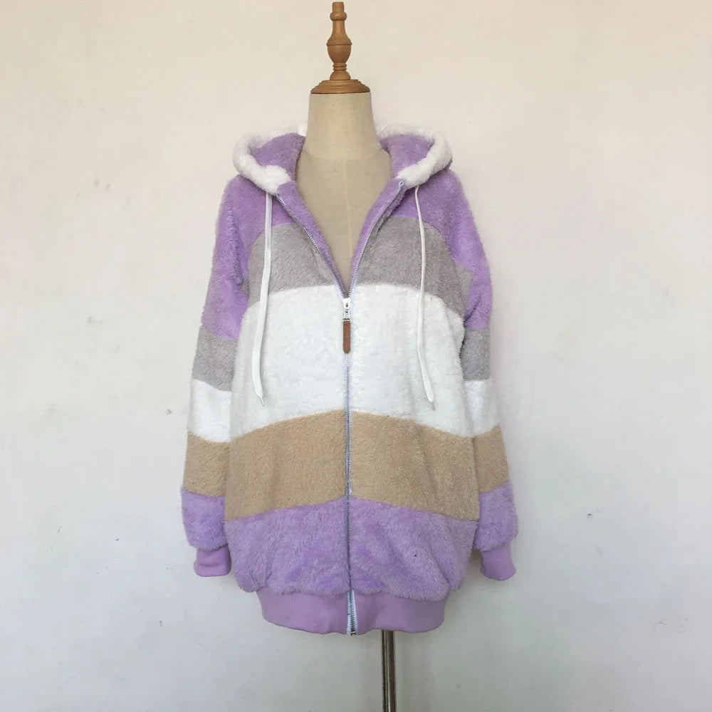 Warm Plush Patchwork Hooded Winter Coat