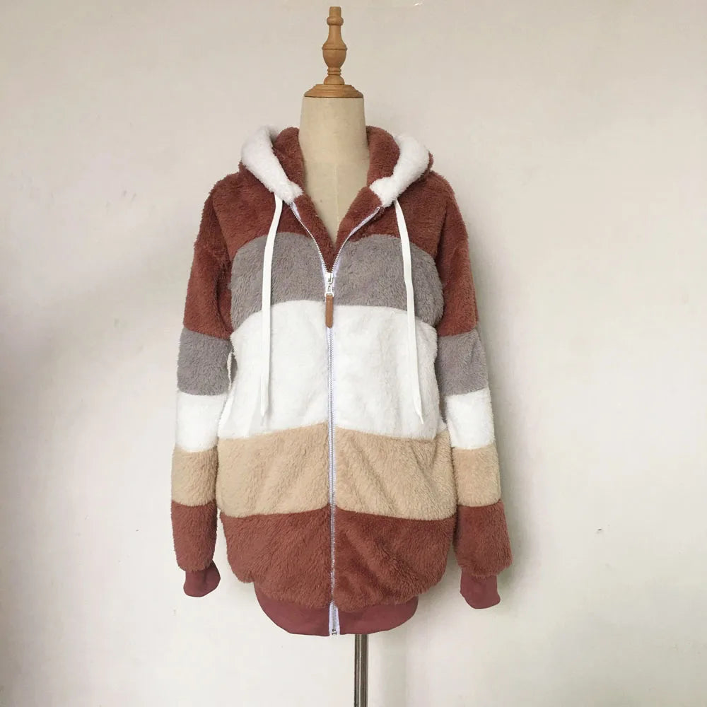Warm Plush Patchwork Hooded Winter Coat