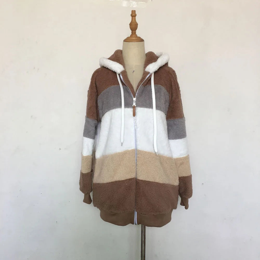 Warm Plush Patchwork Hooded Winter Coat