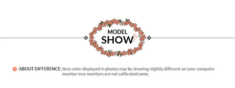 Model show with floral design and note about color differences on monitors for accurate product display.