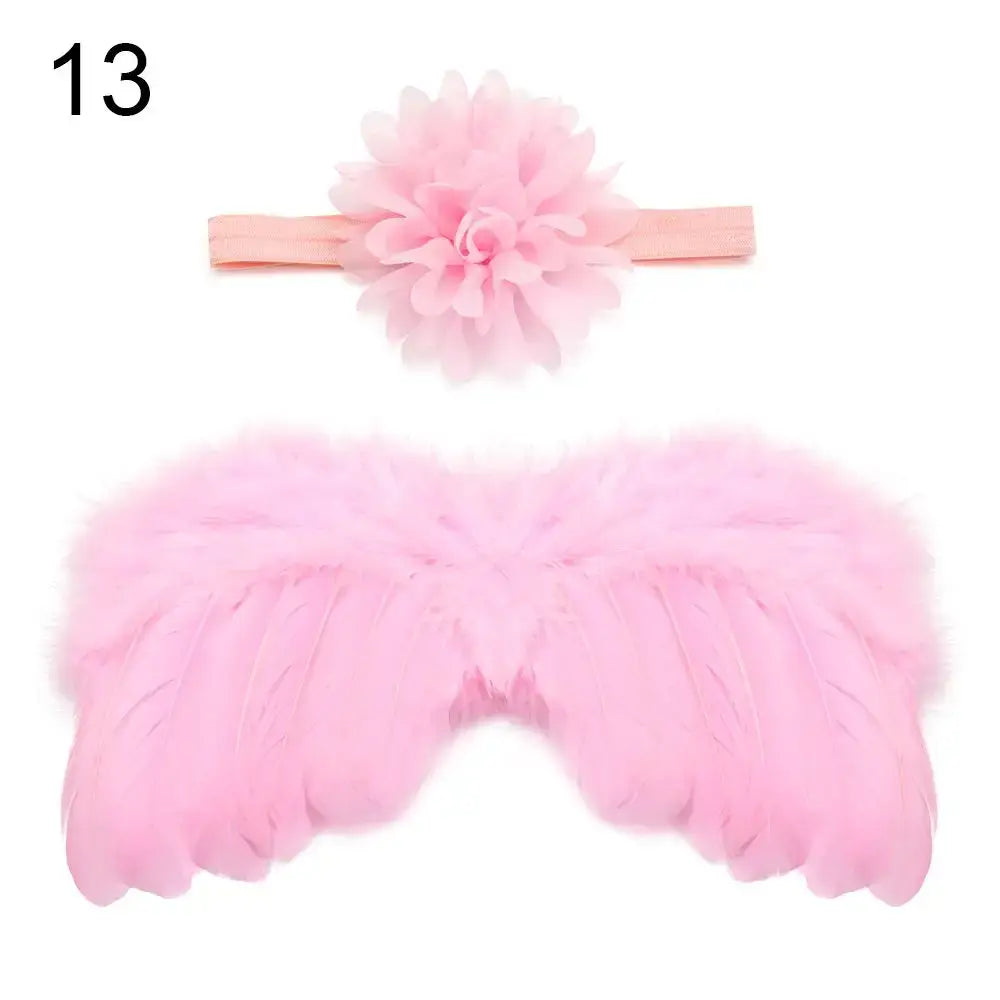 Cute pink newborn angel feather wings with matching rose flower headband for baby girls.