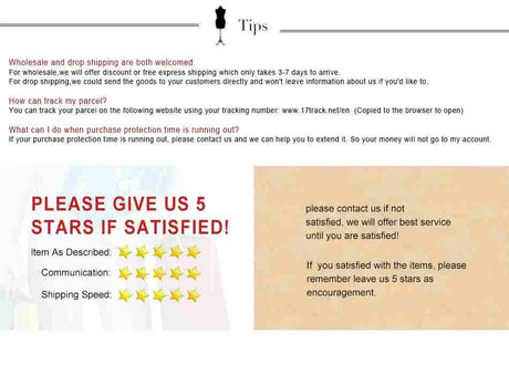 Informative tips on drop shipping, tracking parcels, and customer satisfaction ratings with 5-star prompt.