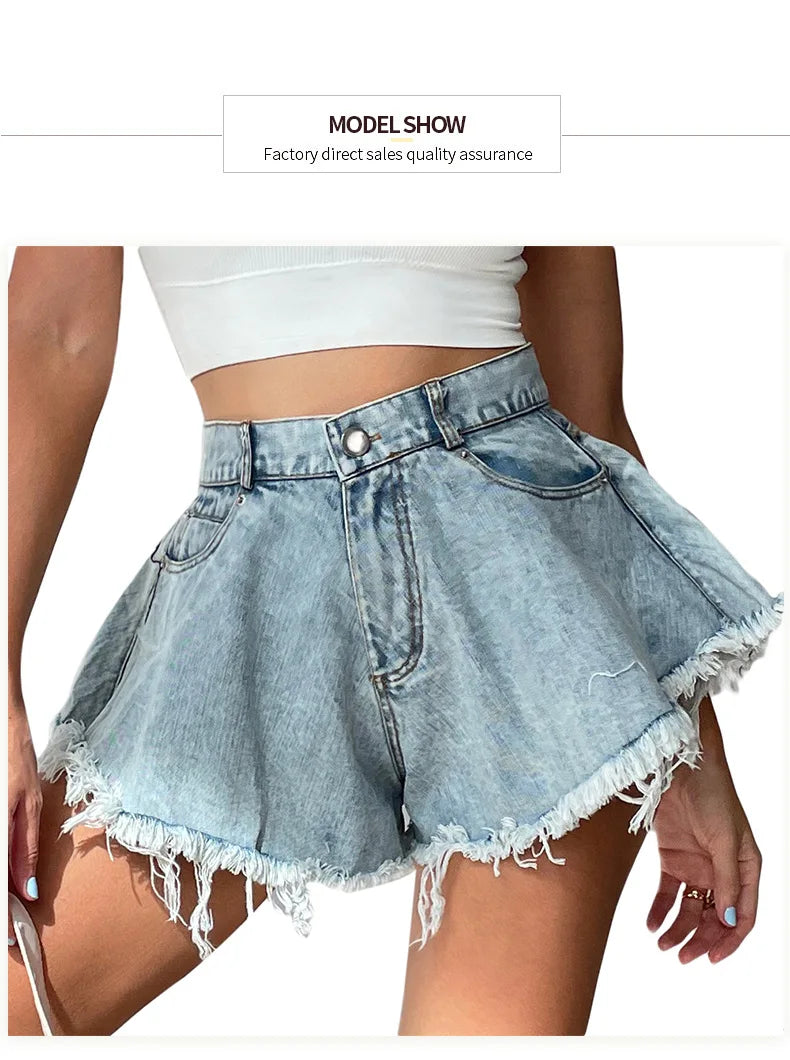 Women High Waist Loose Tassel Denim Shorts