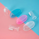 Colorful silicone baby toothbrushes for infants in pink, blue, and clear, arranged on a split background.