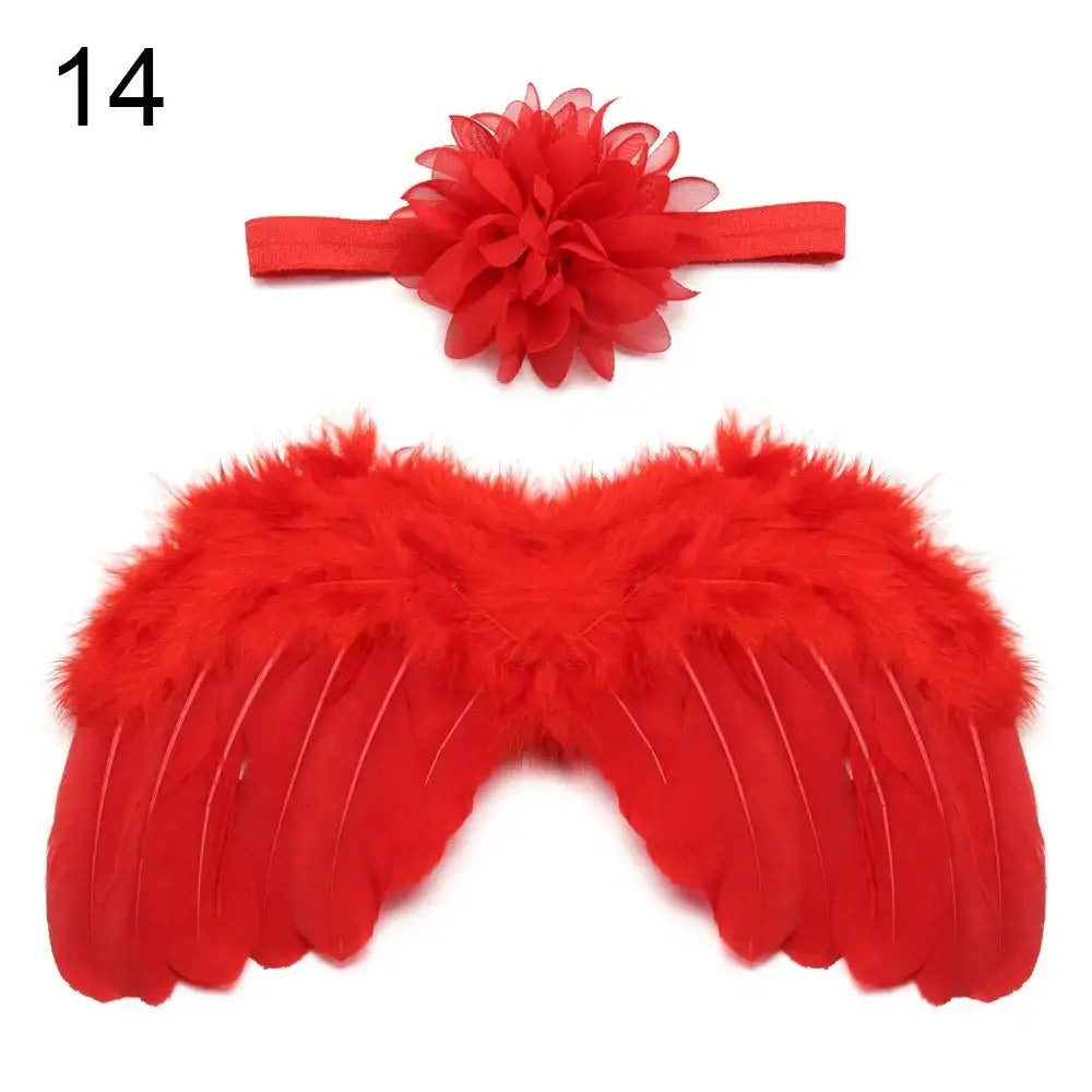 Cute newborn angel feather wings and rose flower headband for baby girls, perfect photo prop for ages 0-24 months.
