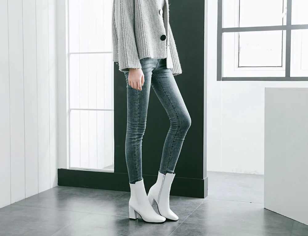 Women Side Zipper Mid-Heel Ankle Boots – Winter Casual Shoes