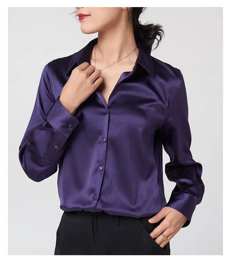 Elegant long sleeve silk shirt for women in purple, featuring a V-neck and single-breasted closure.