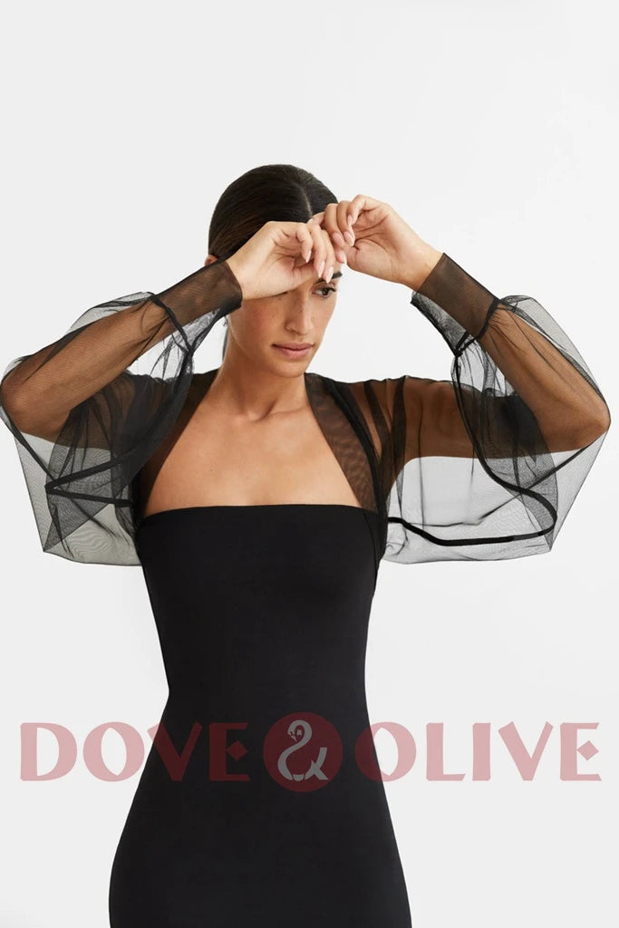 Black tulle bridal cape with long sleeves, perfect wedding jacket for stylish brides by Dove&Olive.